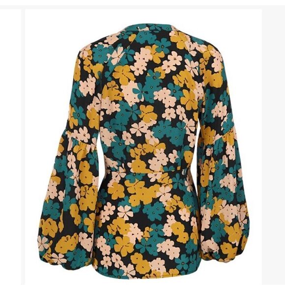 CAbi Teal and Mustard Flower Drop Favorite Bishop Sleeve Blouse NWOT sz Large - Picture 2 of 10